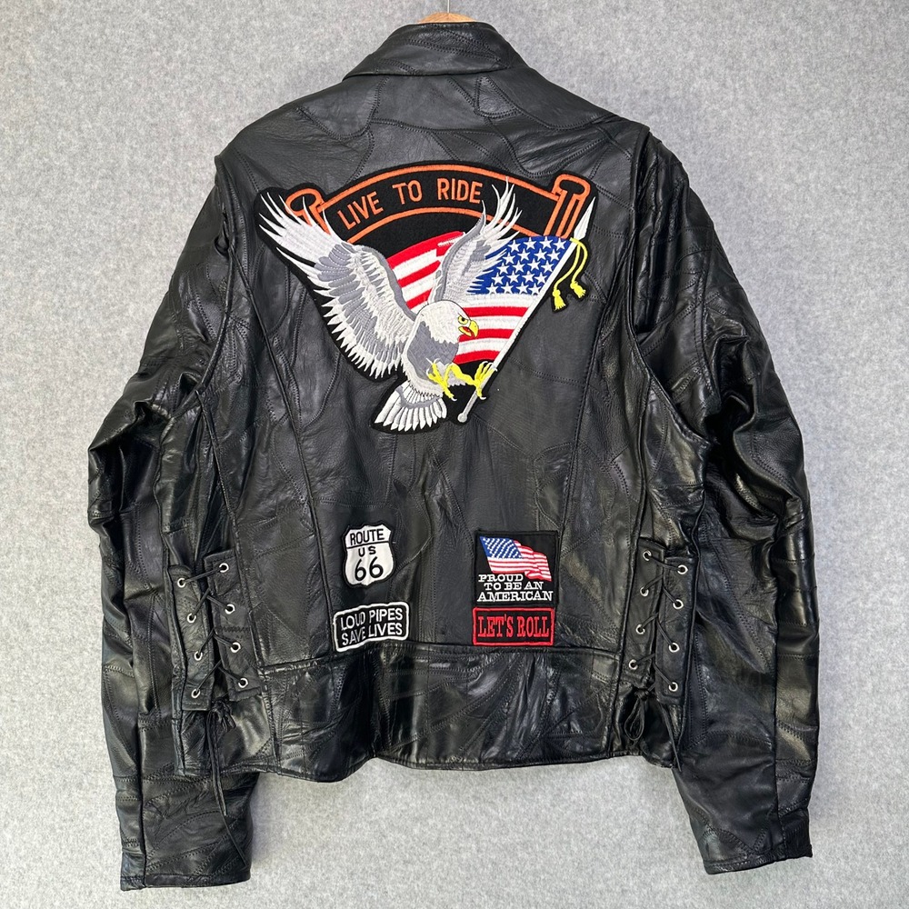 Diamond Plate Buffalo Patchwork Leather Motorcycle Jacket Eagle American Patch L